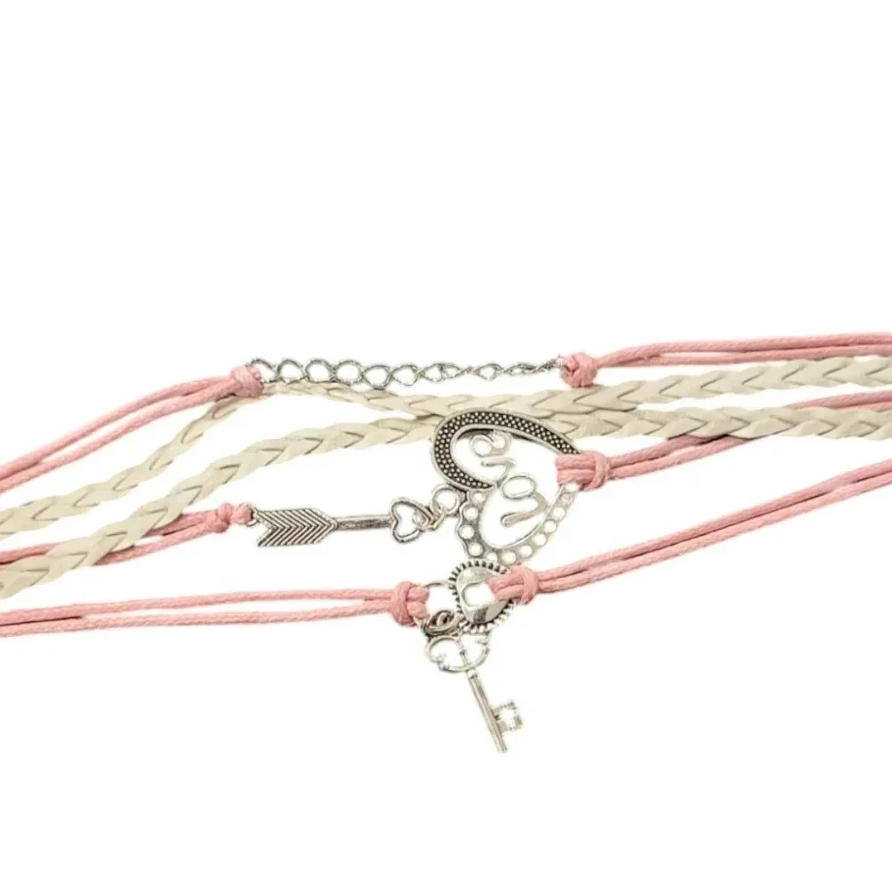 Love Key Charm Faux Leather Multi-Layered Bracelet 14$